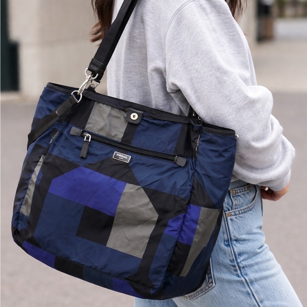 Prada Nylon Shoulder Bag – Blue/Black/Gray Geometric Print